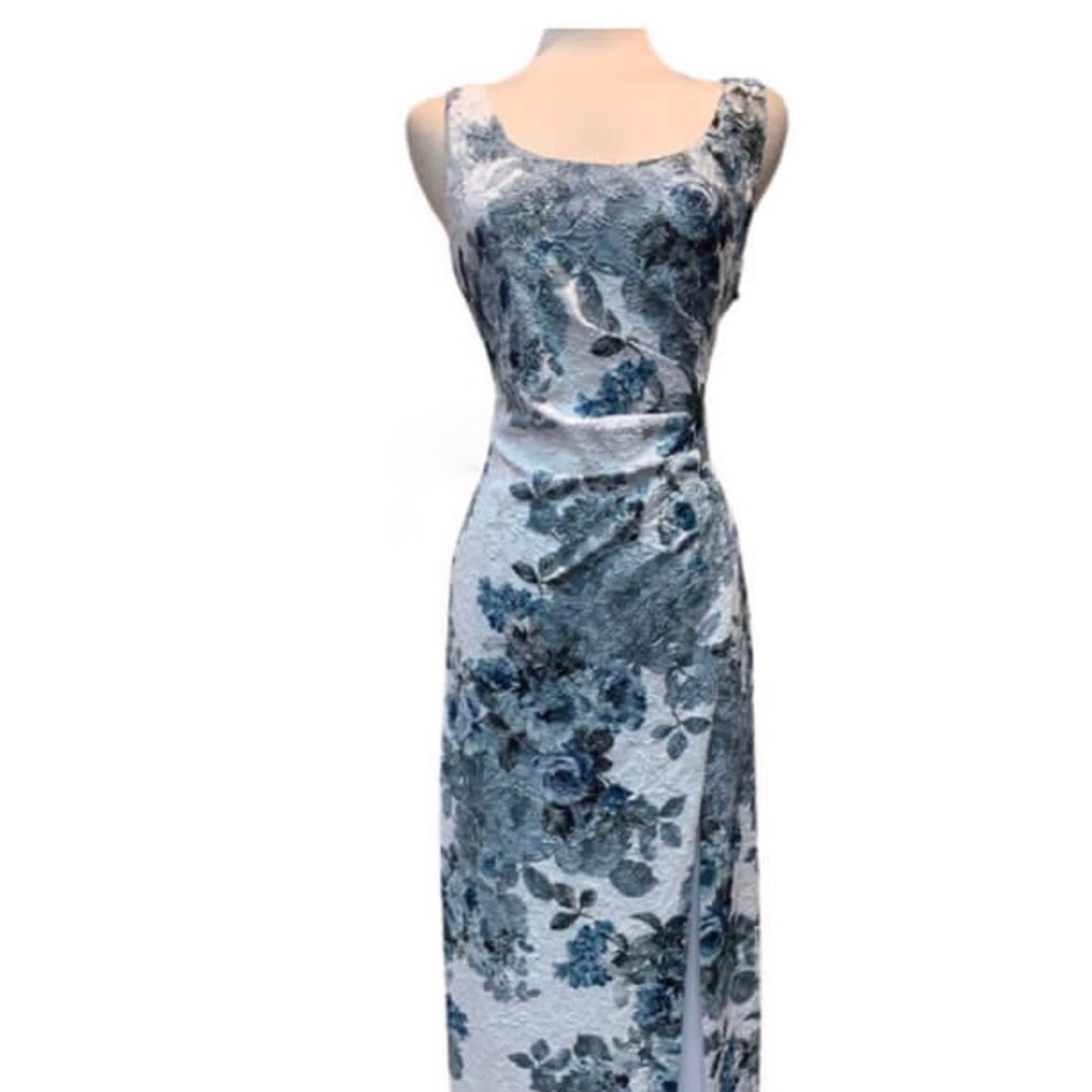 Adrianna Papell Blue and Silver Floral Brocade Wedding Dress